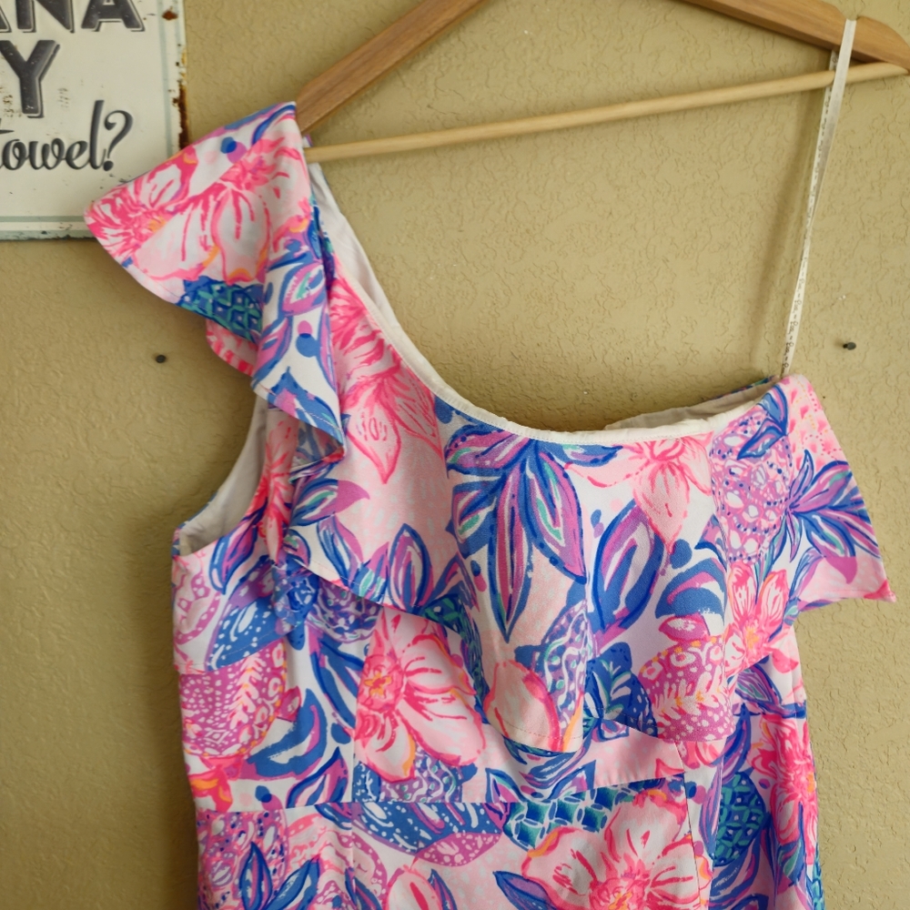 Lilly Pulitzer Size 16 Rumper Dress Snsppy Turtle One Shoulder Coastal Beach - Picture 6 of 13